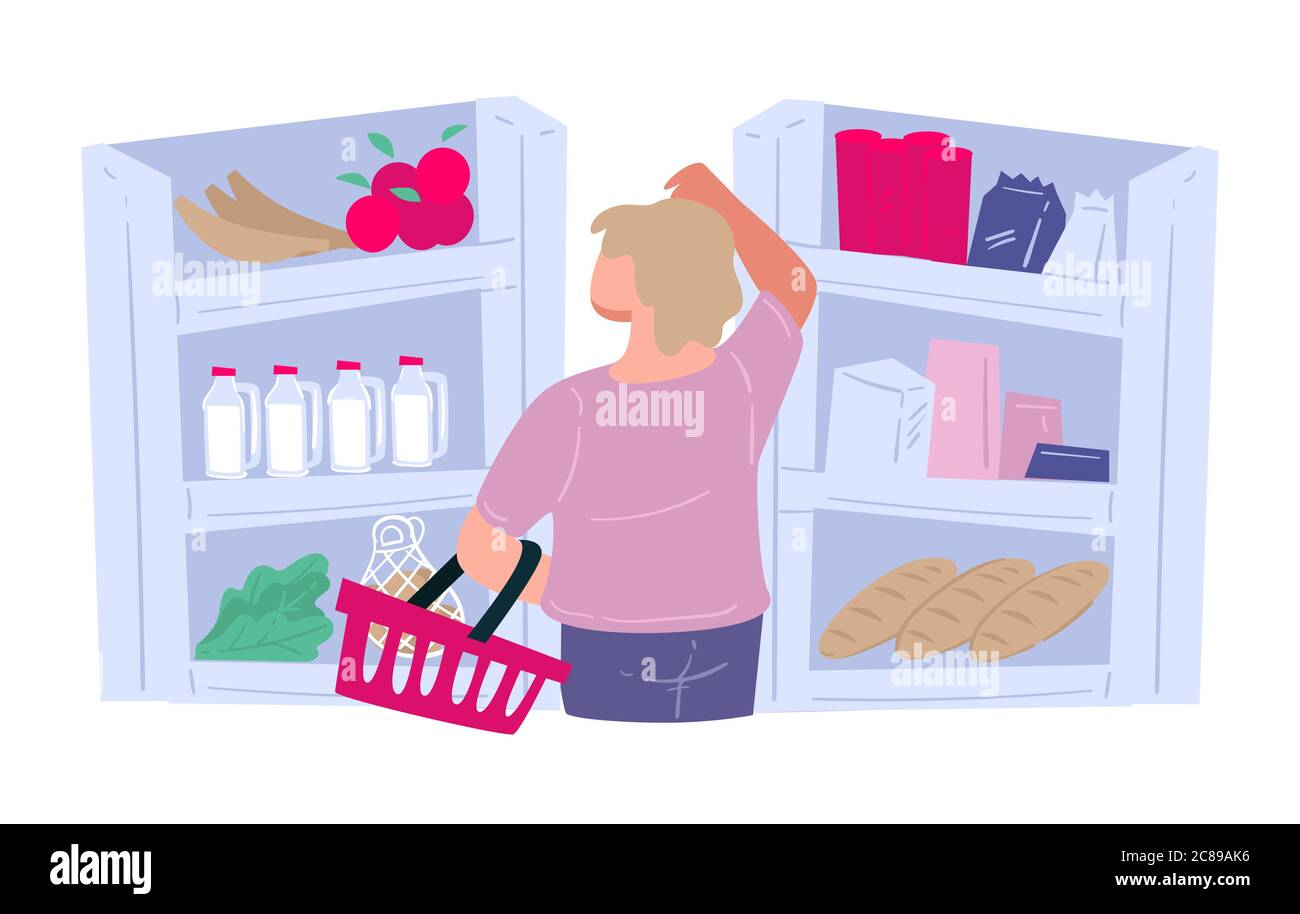 Woman buying groceries choosing products in supermarket vector Stock Vector