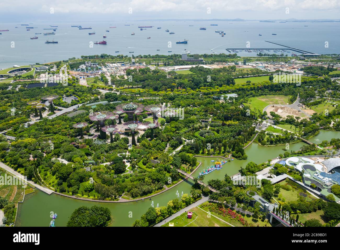 Gardens by the Bay at Marina Bay in Singapore - with view of port Stock Photo