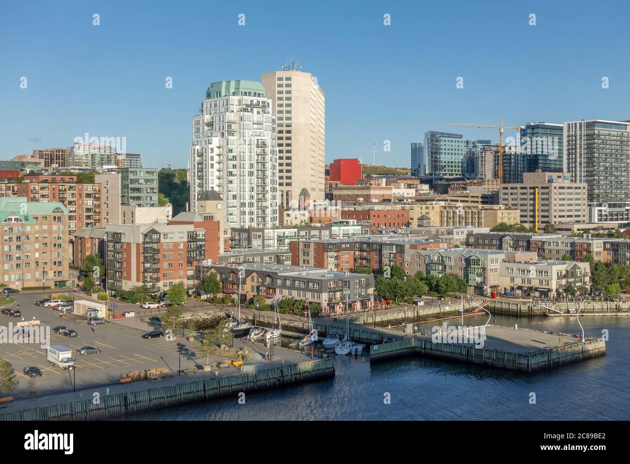 Early Morning Halifax Nova Scotia, Canada City Centre Skyscrapers Downtown  Waterfront Boardwalk Canadian Port Halifax harbour Stock Photo