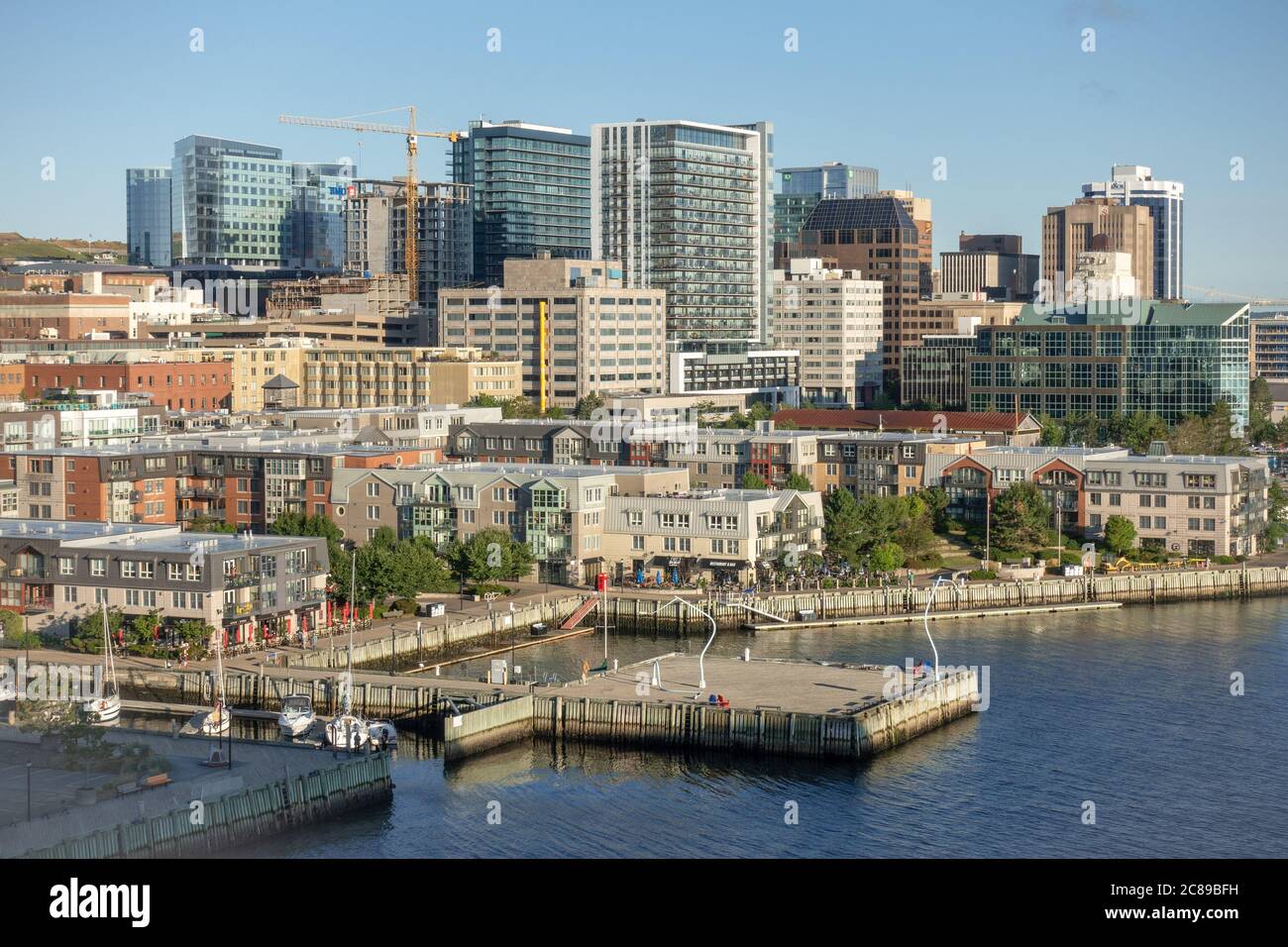 Early Morning Halifax Nova Scotia, Canada City Centre Skyscrapers Downtown  Waterfront Boardwalk Canadian Port Halifax harbour Stock Photo