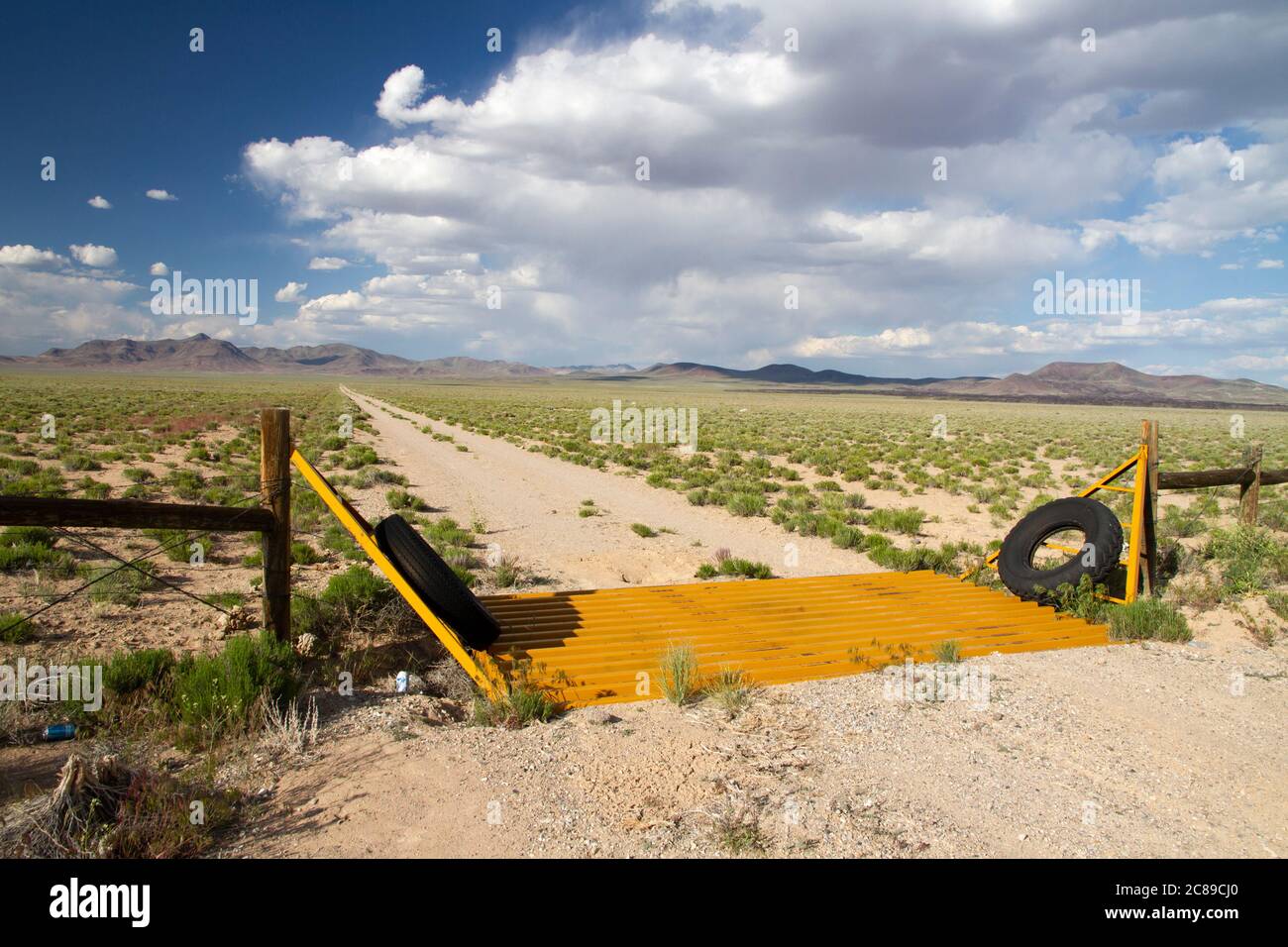 Gold colored cattle guard on a dirt road in the Basin and Range desert of Nye County, Nevada Stock Photo
