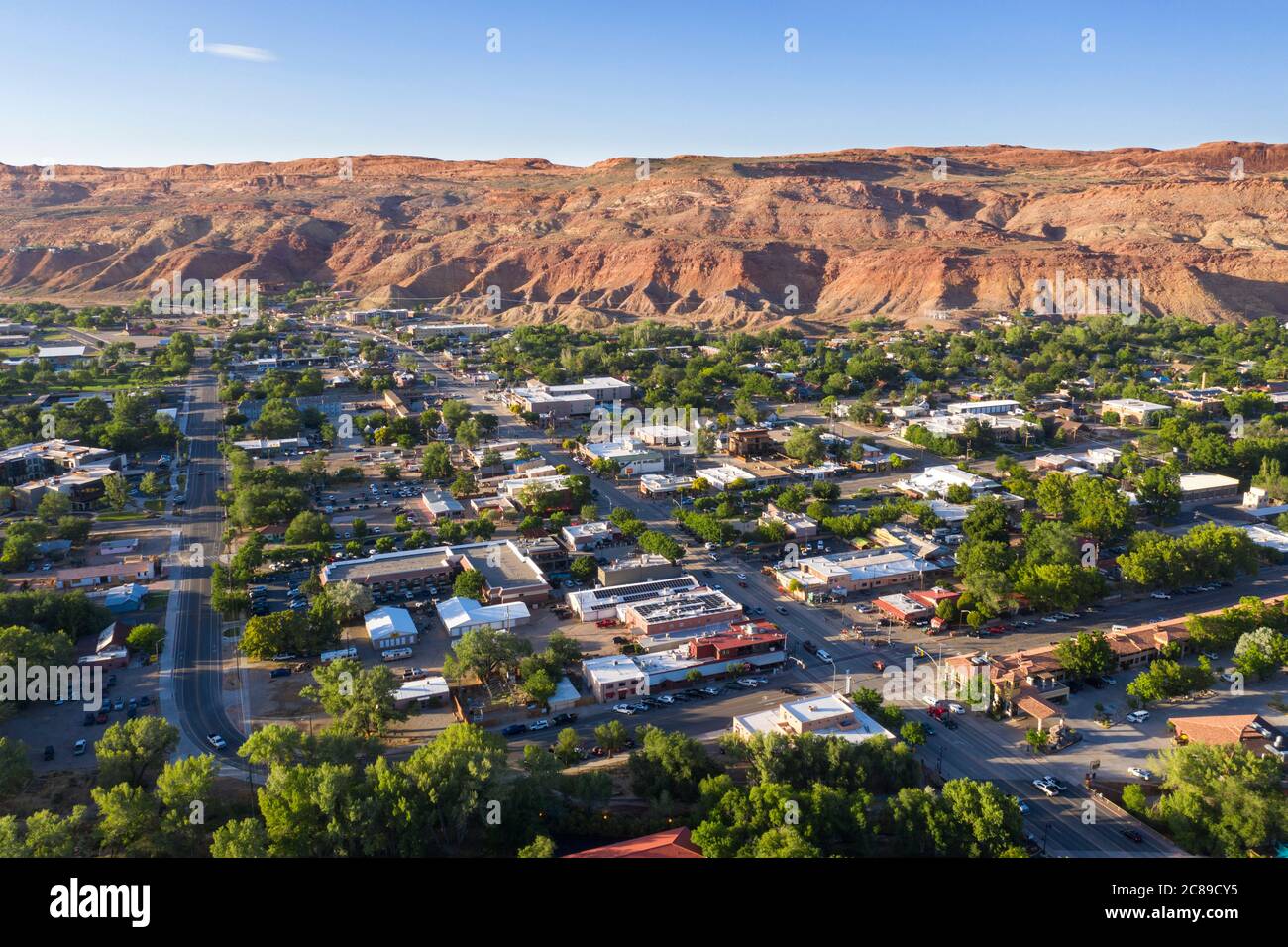 Aerial views over downtown Moab, Utah Stock Photo