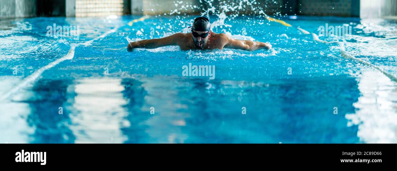 professional swimmer doing exercise in indoor swimming pool. Stock Photo