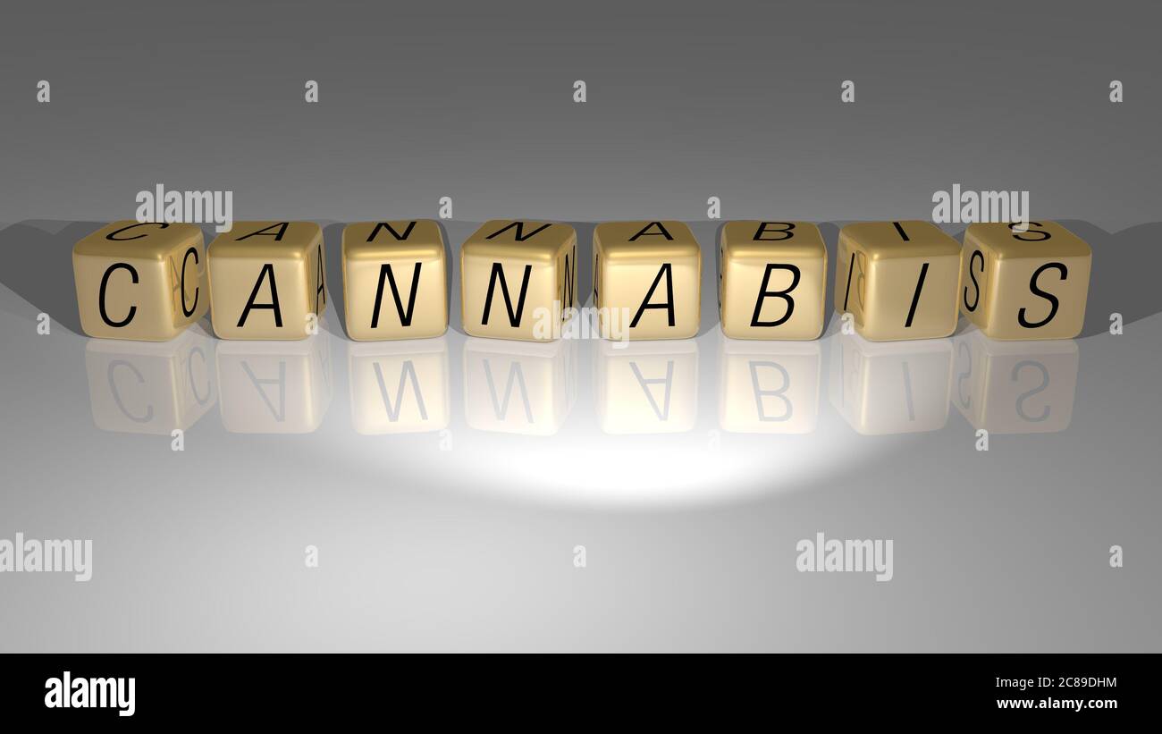 3D illustration of CANNABIS graphics and text made by metallic dice letters for the related meanings of the concept and presentations. marijuana and background Stock Photo