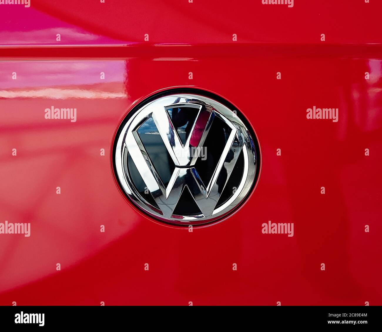 Logo of Volkswagen, VW logo.Close up of a chrome Volkswagen VW logo on