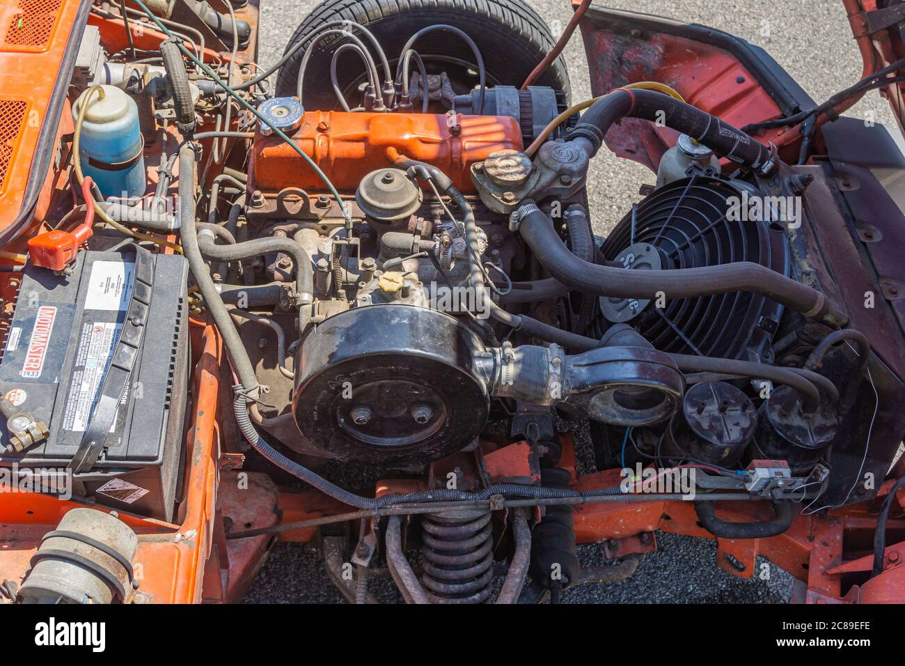 Toronto, Canada, July 2020 - Motor engine of a Triumph Spitfire vintage car Stock Photo