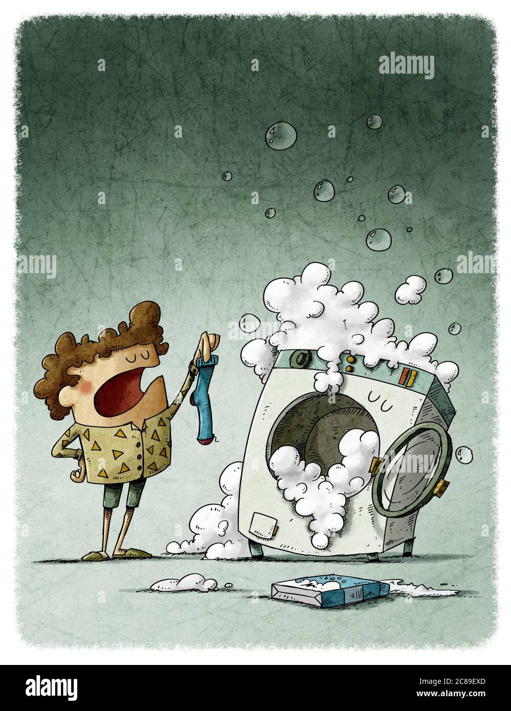 Washer that loses socks. illustration of a boy showing a sock to a funny washing machine that has swallowed the other one. Stock Photo