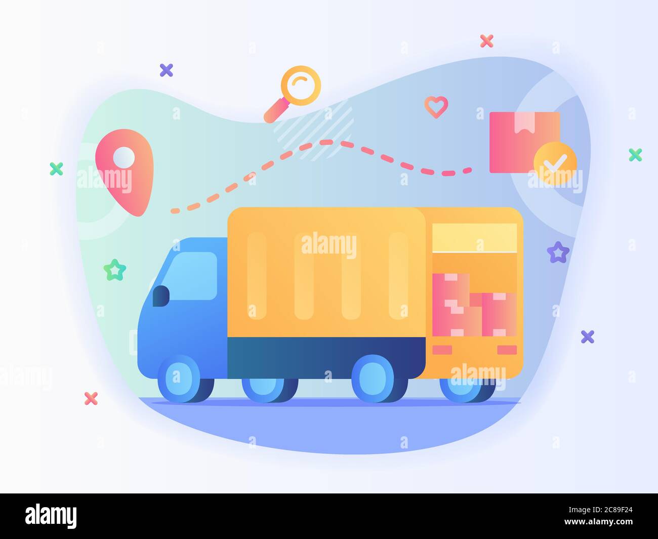 Shipping truck carry box package tracking location with flat style