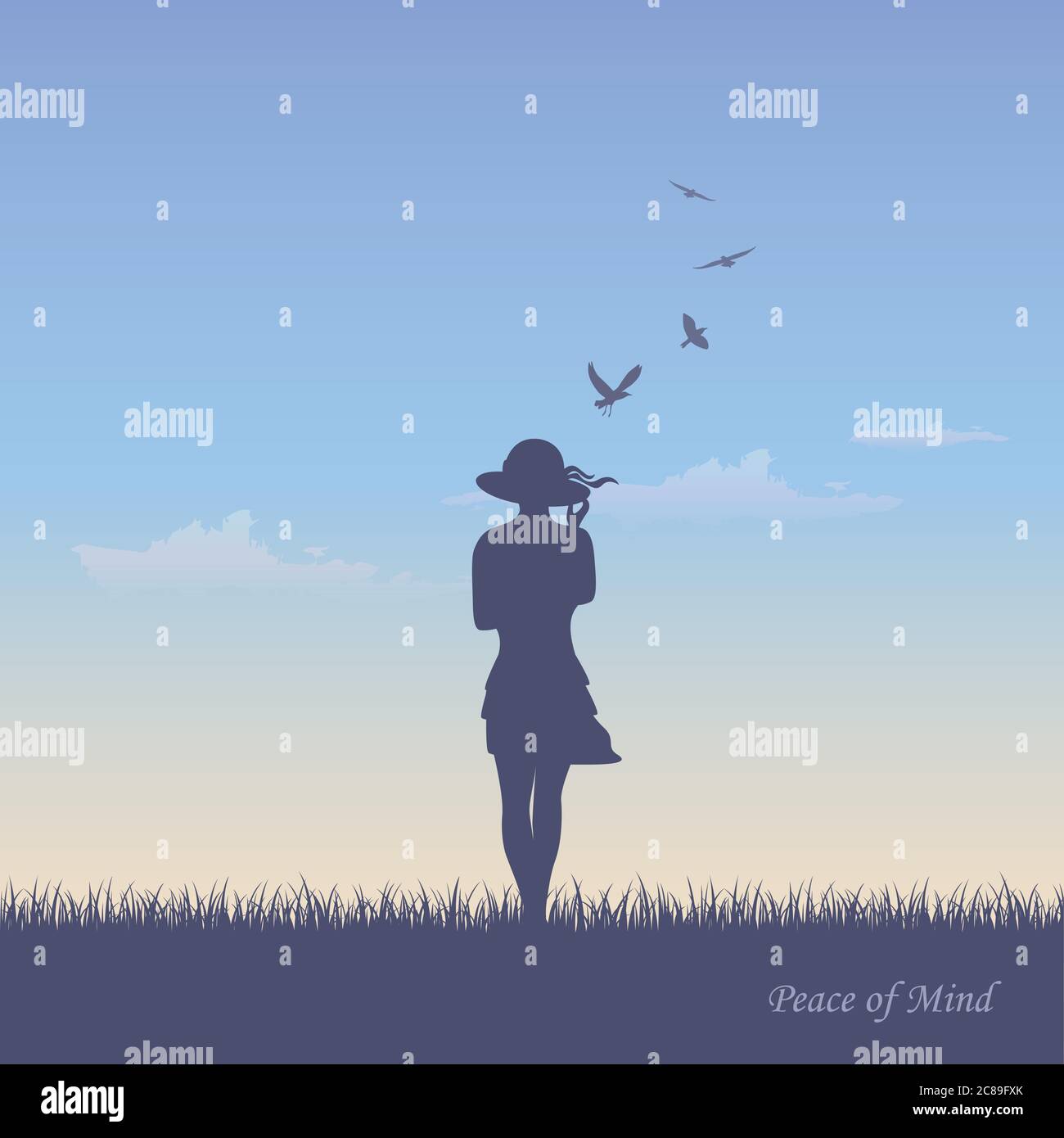 girl with hat on summer meadow and flying birds in sky vector illustration EPS10 Stock Vector
