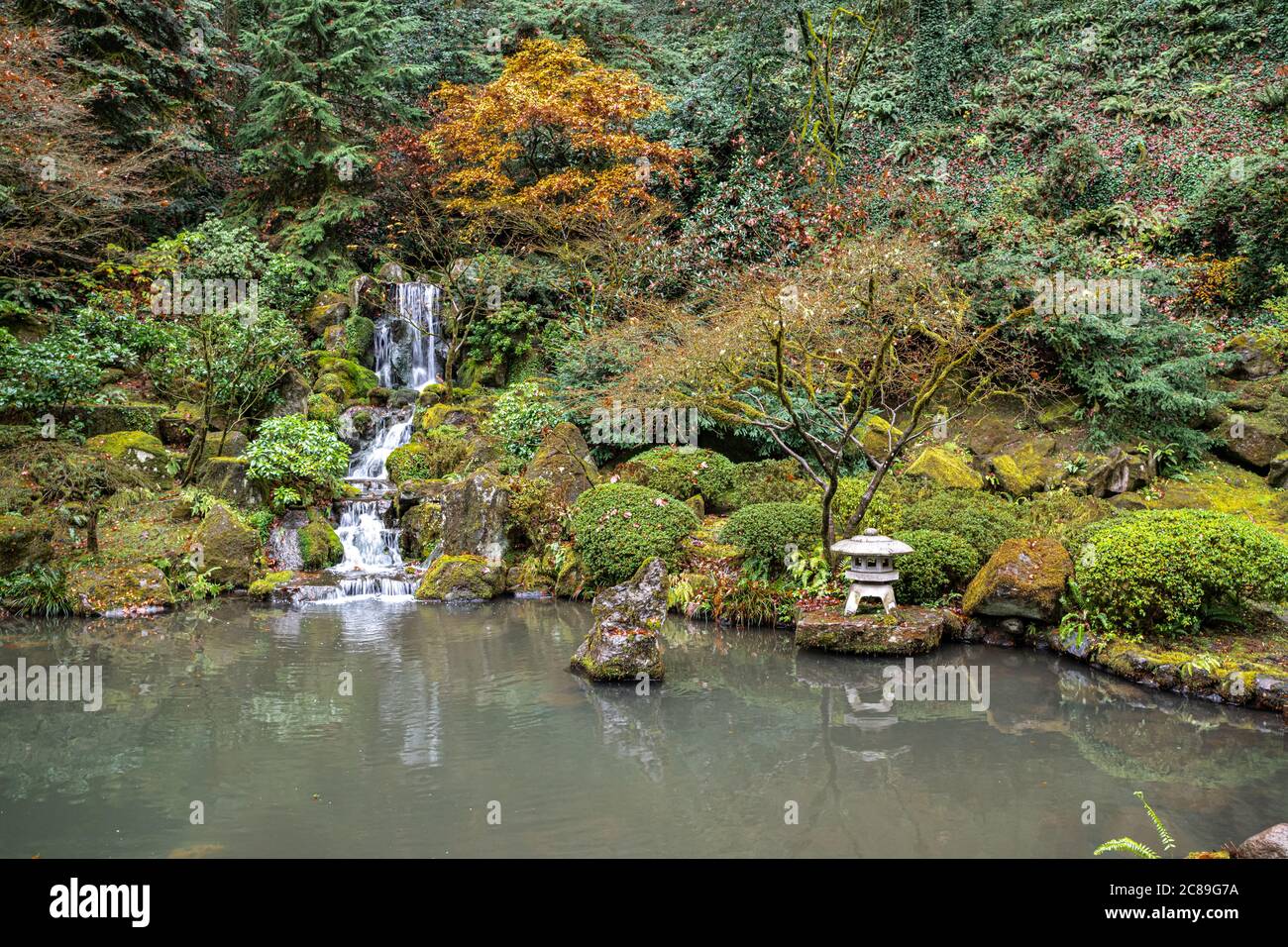 Waterfall in a Japanese Garden, Portland, Oregon Stock Photo