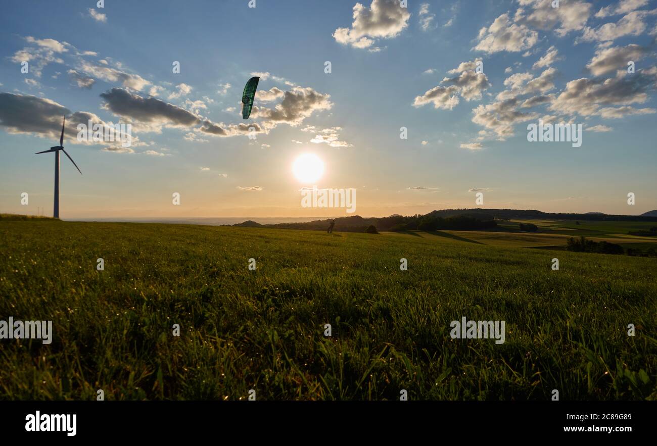 Stötten, Germany - May 28, 2020: View of kiters who are testing the new kite from Flysurfer, the new Soul 15. Stoetten, Germany. Stock Photo