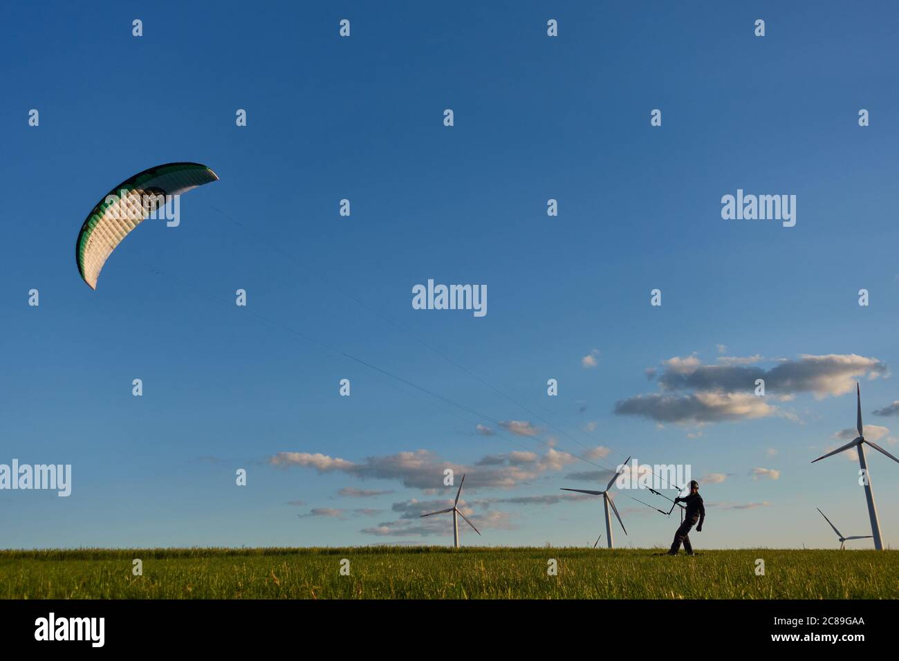 Stötten, Germany - May 28, 2020: View of kiters who are testing the new kite from Flysurfer, the new Soul 15. Stoetten, Germany. Stock Photo