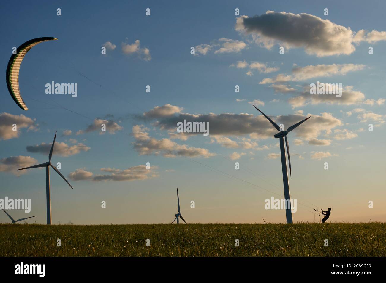 Stötten, Germany - May 28, 2020: View of kiters who are testing the new kite from Flysurfer, the new Soul 15. Stoetten, Germany. Stock Photo