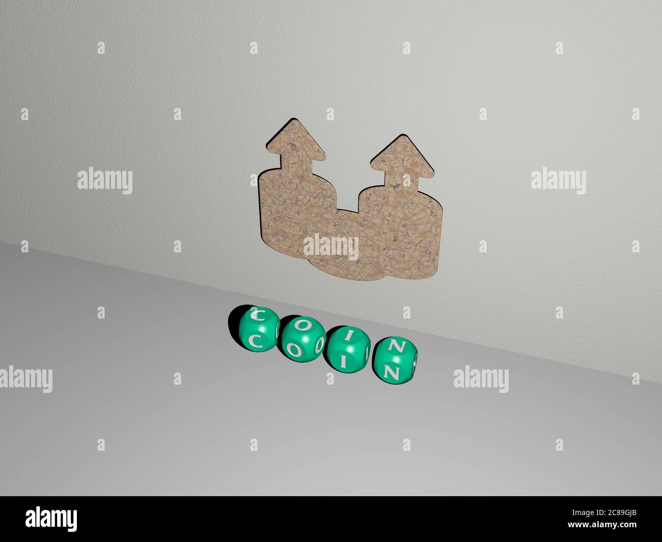 3D representation of COIN with icon on the wall and text arranged by ...