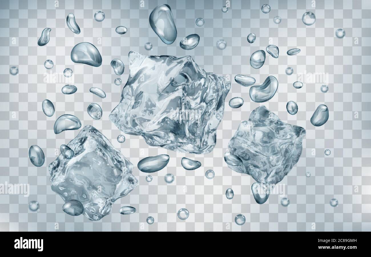 Three translucent gray ice cubes and many air bubbles under water on