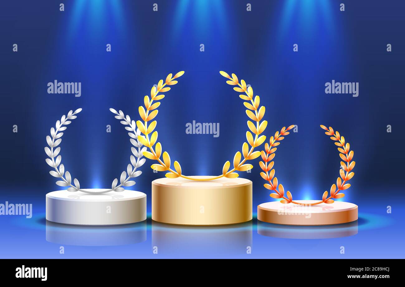 Stage podium with lighting, Stage Podium Scene with for Award Ceremony on blue Background. Vector illustration Stock Vector
