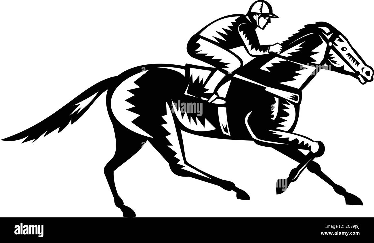 Retro woodcut style illustration of a jockey riding thoroughbred horse racing viewed from side  on isolated background done in black and white. Stock Vector