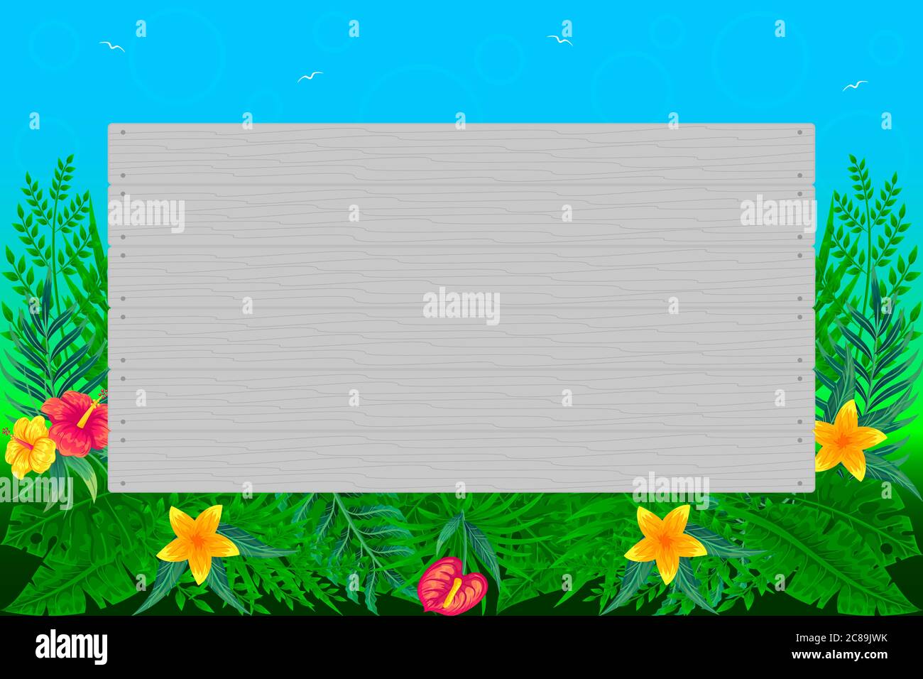 Tropical leaves background with wooden board vector illustration Stock ...
