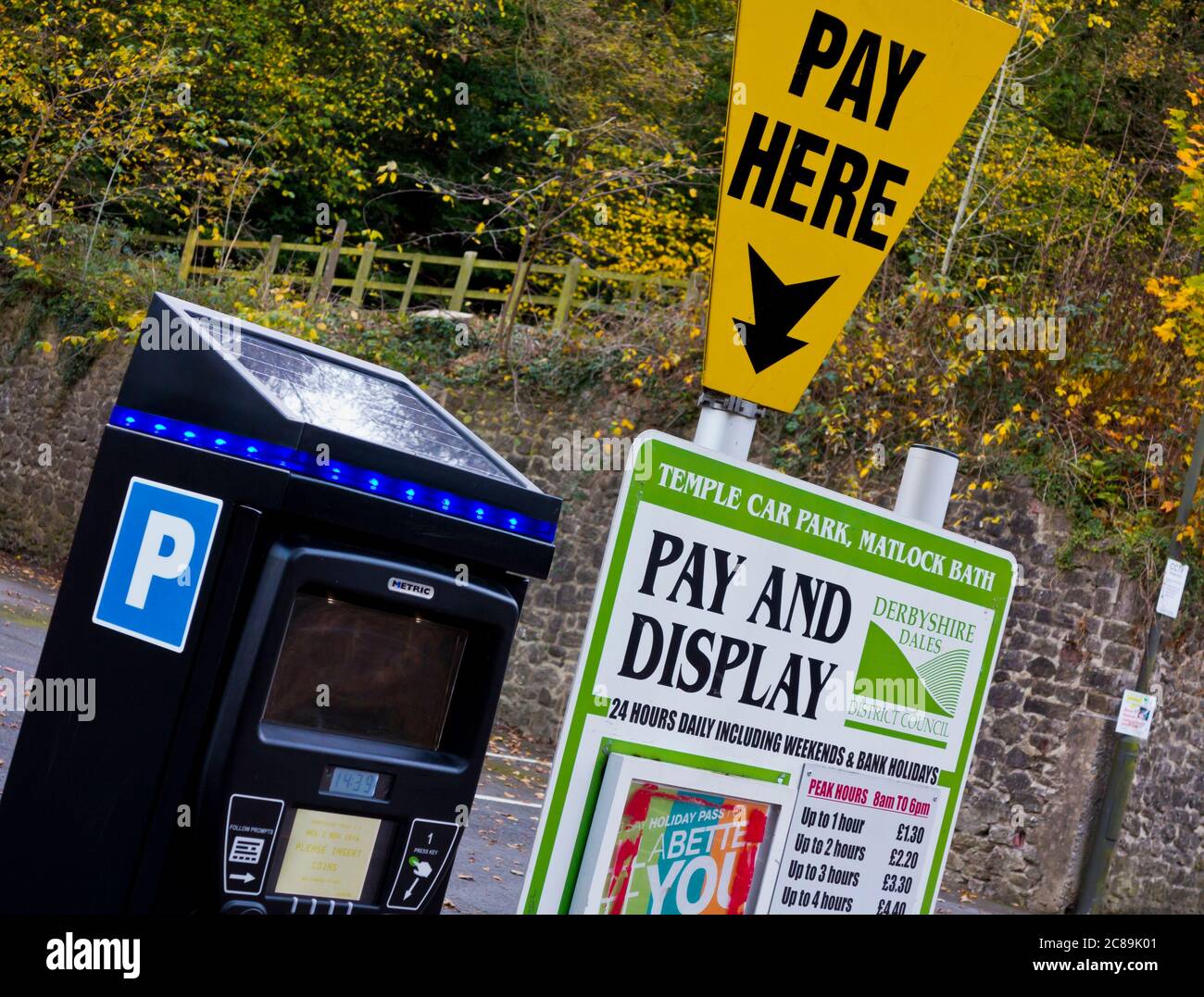 Solar powered ticket machine in a car park in the village of Matlock Bath Derbyshire Dales England UK Stock Photo