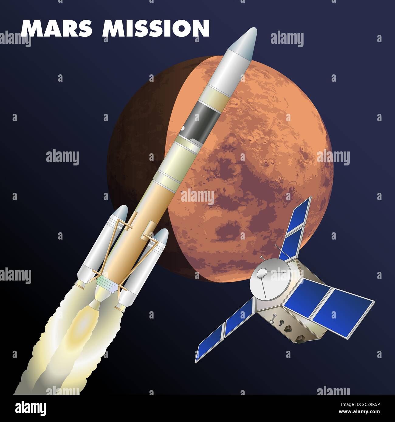 Mars exploration mission, graphic vector illustration, rocket, platet