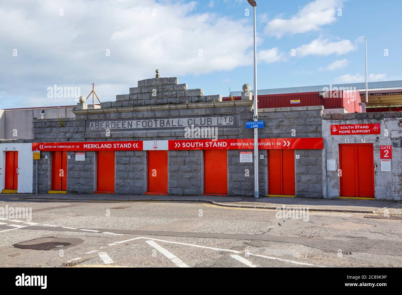 Entrance to the Merkland Stand and South Stand at Pittodrie Stadium the home of  Aberdeen Football Club, Merkland Lane, Aberdeen, Scotland, UK Stock Photo