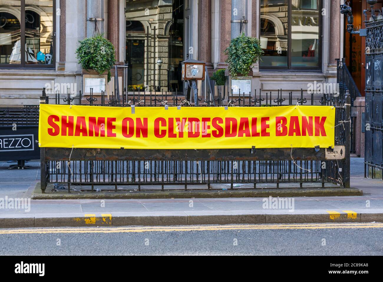 A Shame On Clydesdale Bank sign, Saint Vincent Place, Glasgow, Scotland, UK Stock Photo