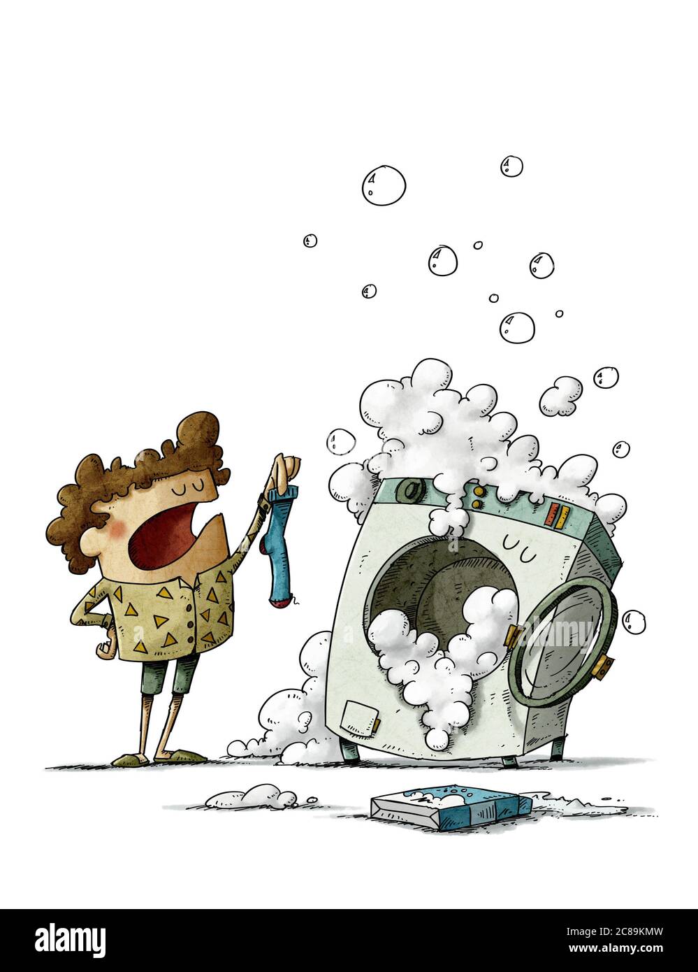 Washer that loses socks. illustration of a boy showing a sock to a funny washing machine that has swallowed the other one. isolated Stock Photo