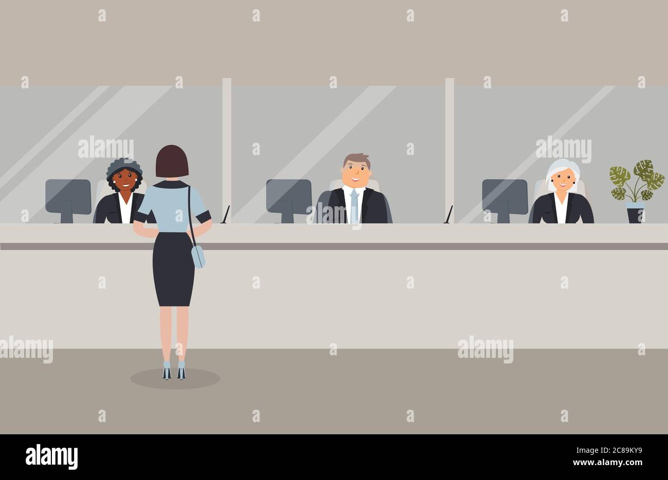 Bank office interior:Bank employees sit behind a barrier with glass and serve the Bank customers.Elegant interior financial institution.Female client Stock Vector
