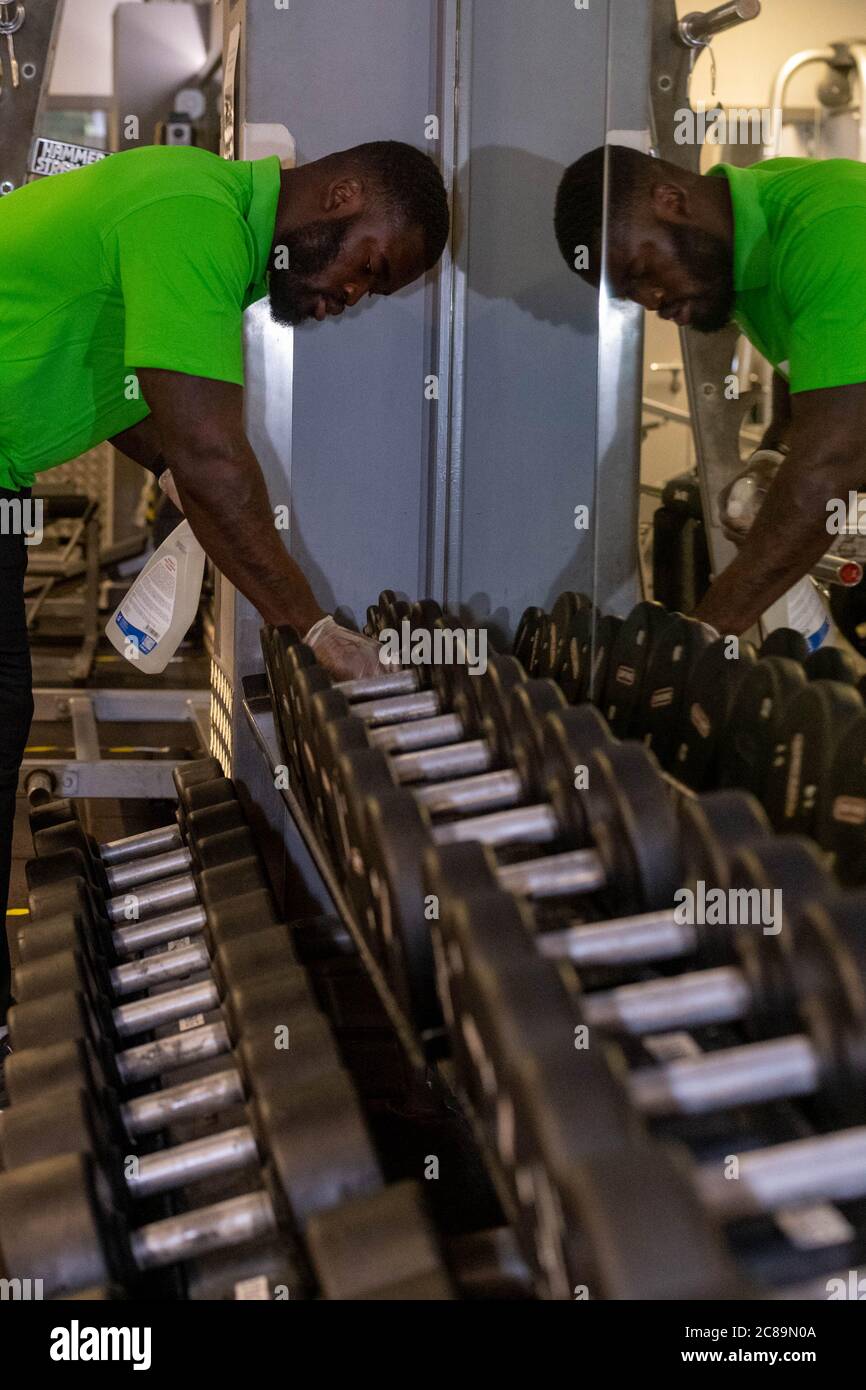 Brentwood UK. 22nd July 2020. The Better Gym Brentwood prepares to reopen as the covid 19 Lockdown is relaxed. Staff clean and check equipment as well as practice the new covid secure gym
