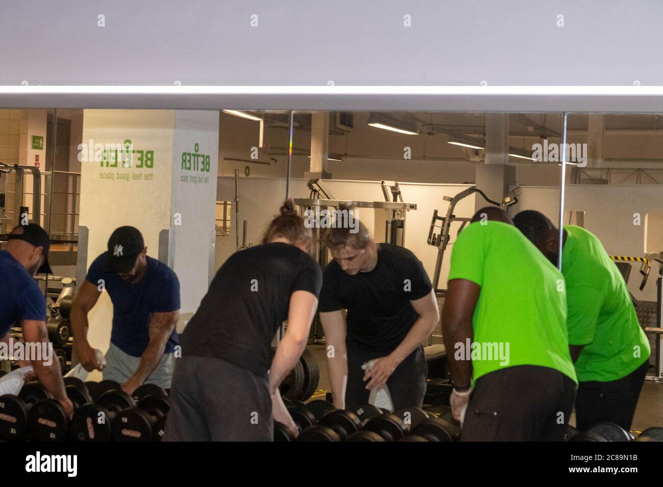 Brentwood, UK. 22nd July, 2020. The Better Gym Brentwood prepares to reopen as the covid-19 Lockdown is relaxed. Staff clean and check equipment as well as practice the new covid secure gym processes. Credit: Ian Davidson/Alamy Live News Stock Photo