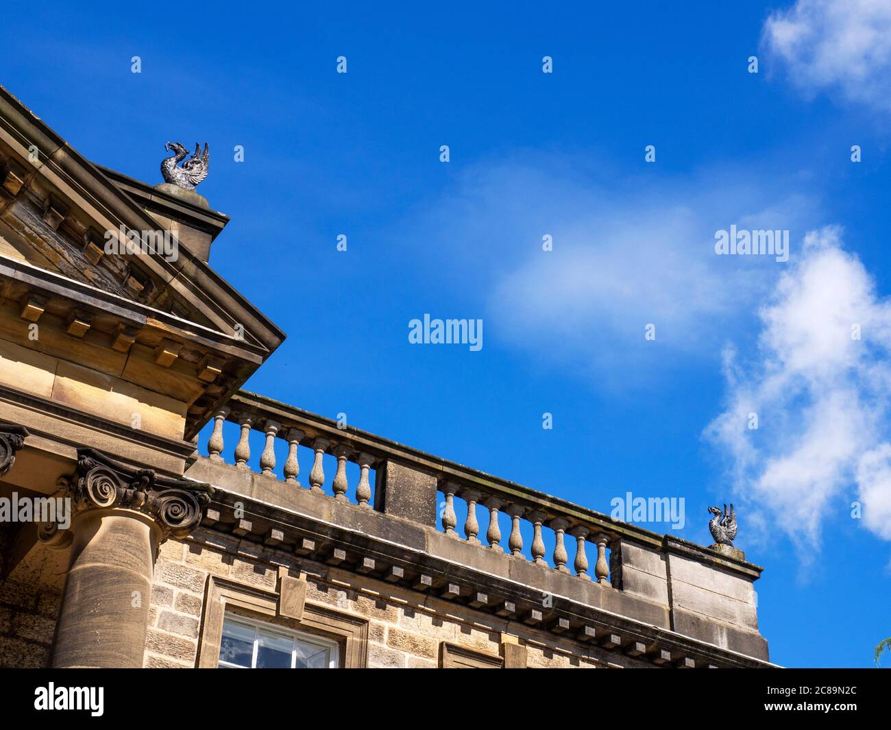 Architecture detail at Conyngham Hall showing balustraded parapet with