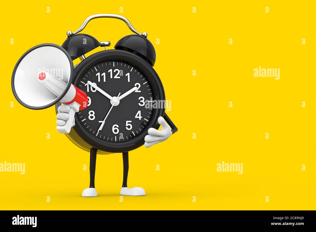 Alarm Clock Character Mascot with Red Retro Megaphone on a yellow ...