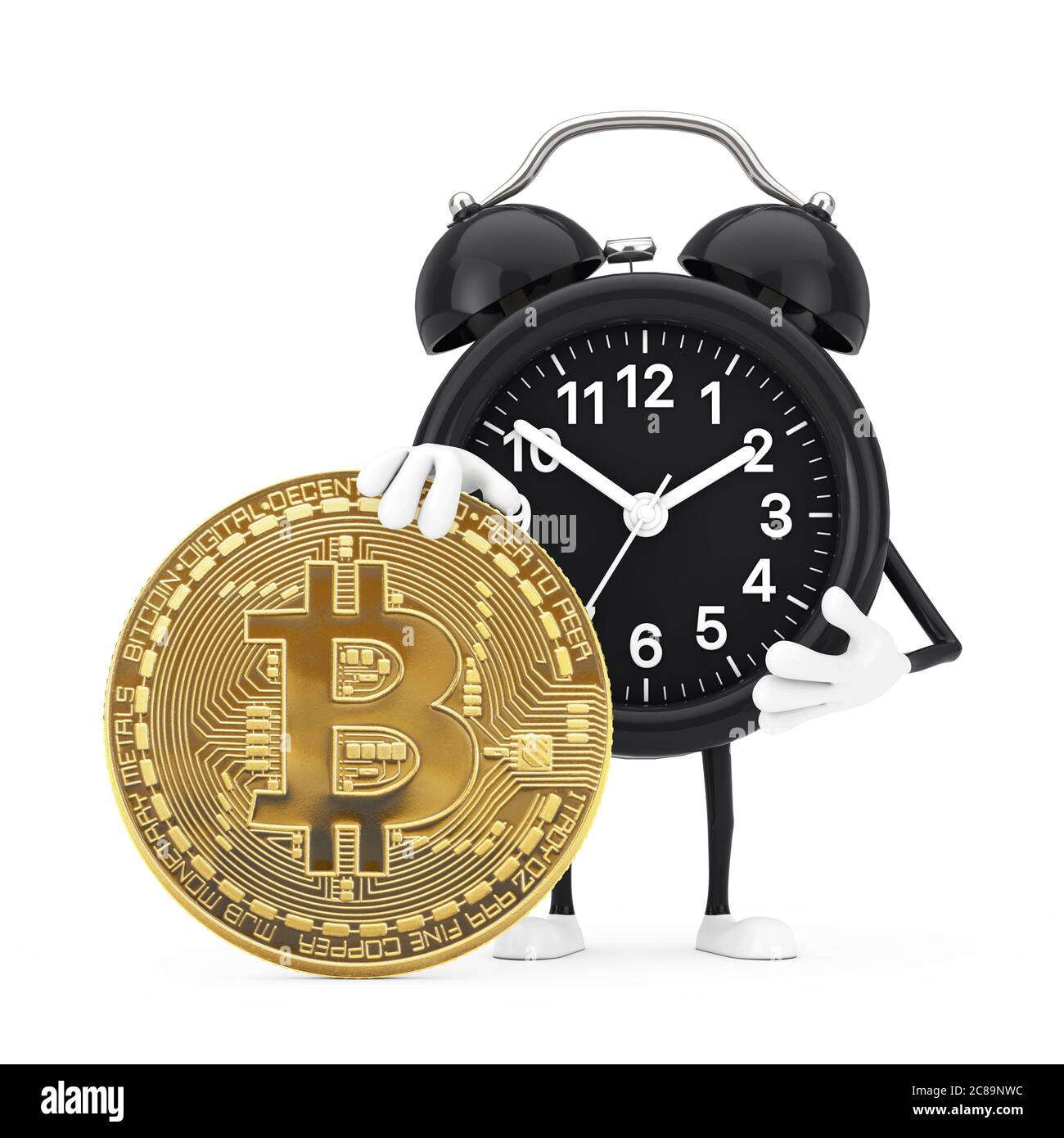 Alarm Clock Character Mascot with Digital and Cryptocurrency Golden Bitcoin  Coin on a white background. 3d Rendering Stock Photo - Alamy