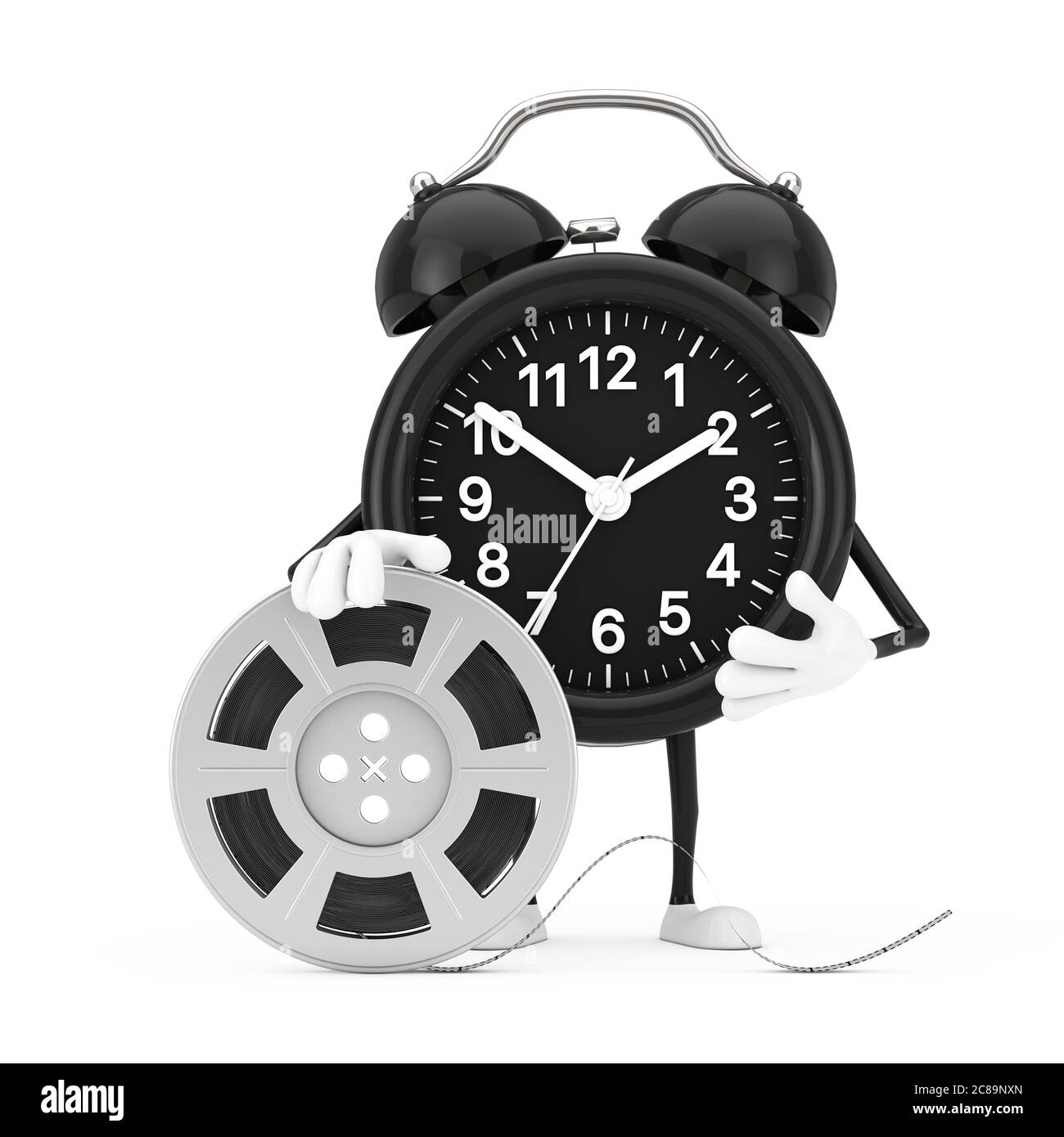 Alarm Clock Character Mascot with Film Reel Cinema Tape on a white