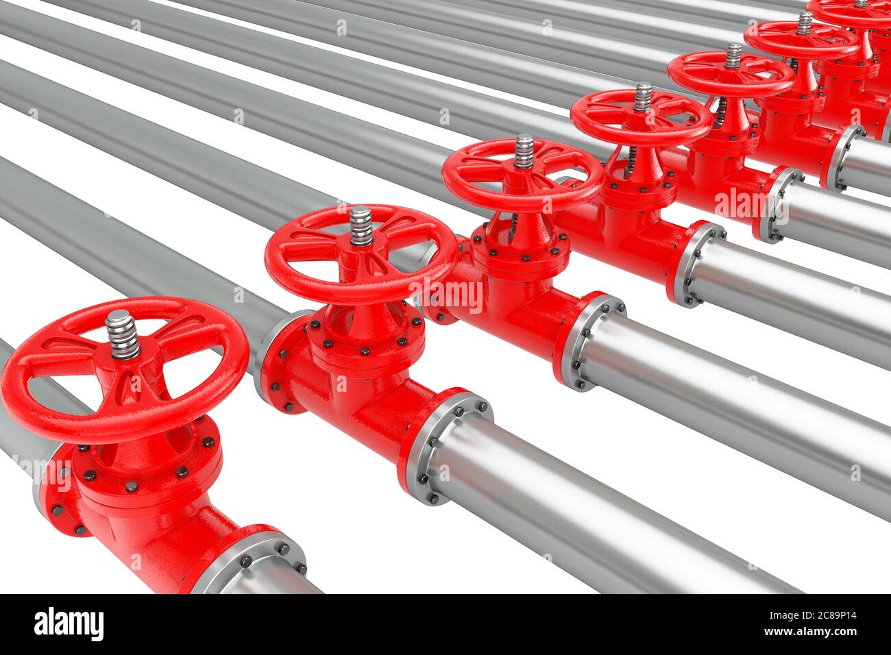 Row In Pipeline Rows of Gas Pipelines with Valves on a white background. 3d Rendering ...