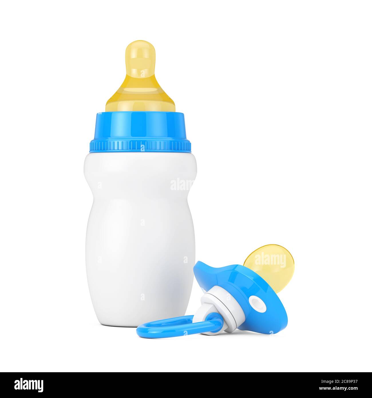 Empty Blank Blue Baby Milk Bottle with Pacifier on a white background. 3d  Rendering Stock Photo - Alamy