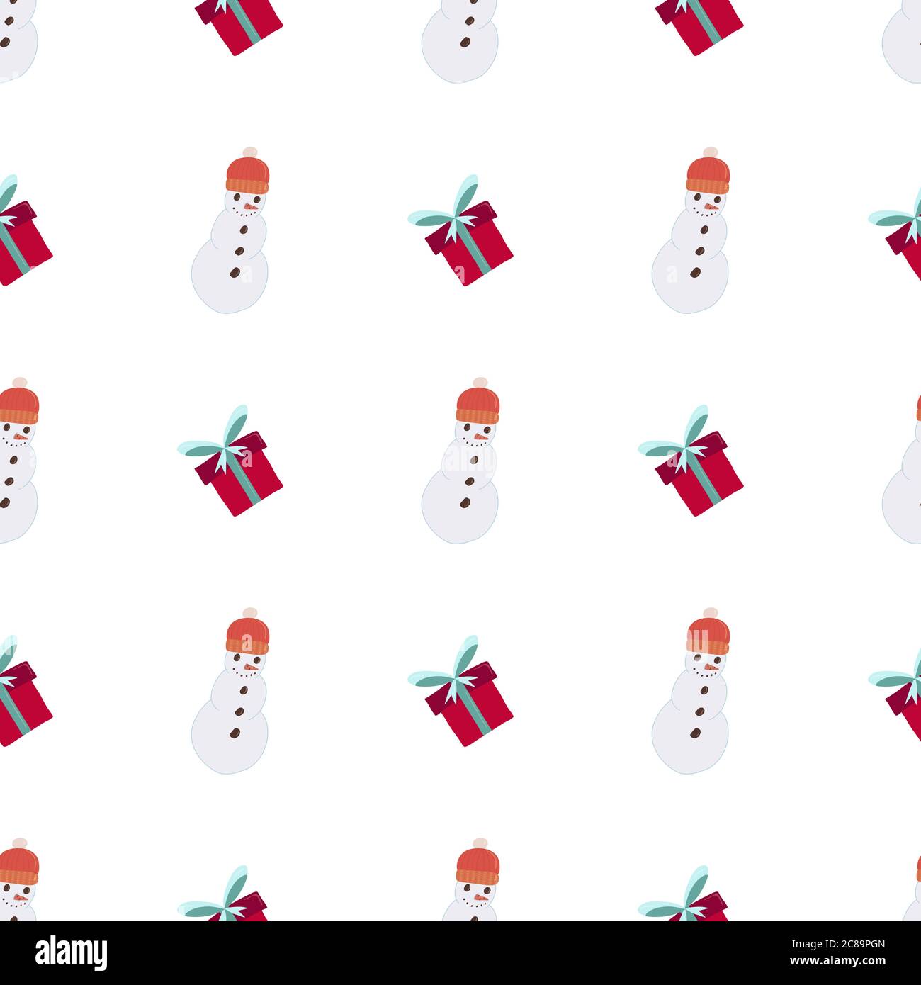 Christmas snowman and giftbox seamless pattern for decoration design. New year ornament. Festive retro texture. Cute background. Wrapping paper. Stock Vector