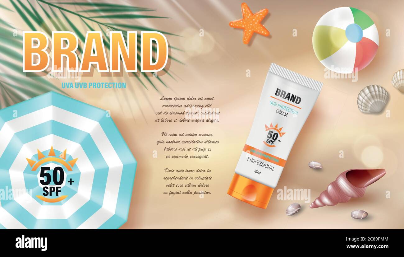 Sun protection, sunscreen and Sunblock ads design, top view. Cosmetic ...