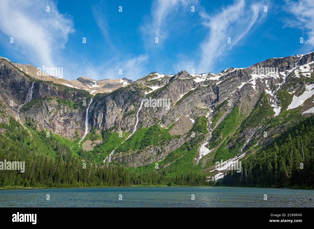 Waterfalls on mountains in Avalanche Basin in Glacier National Park. Stock Photo
