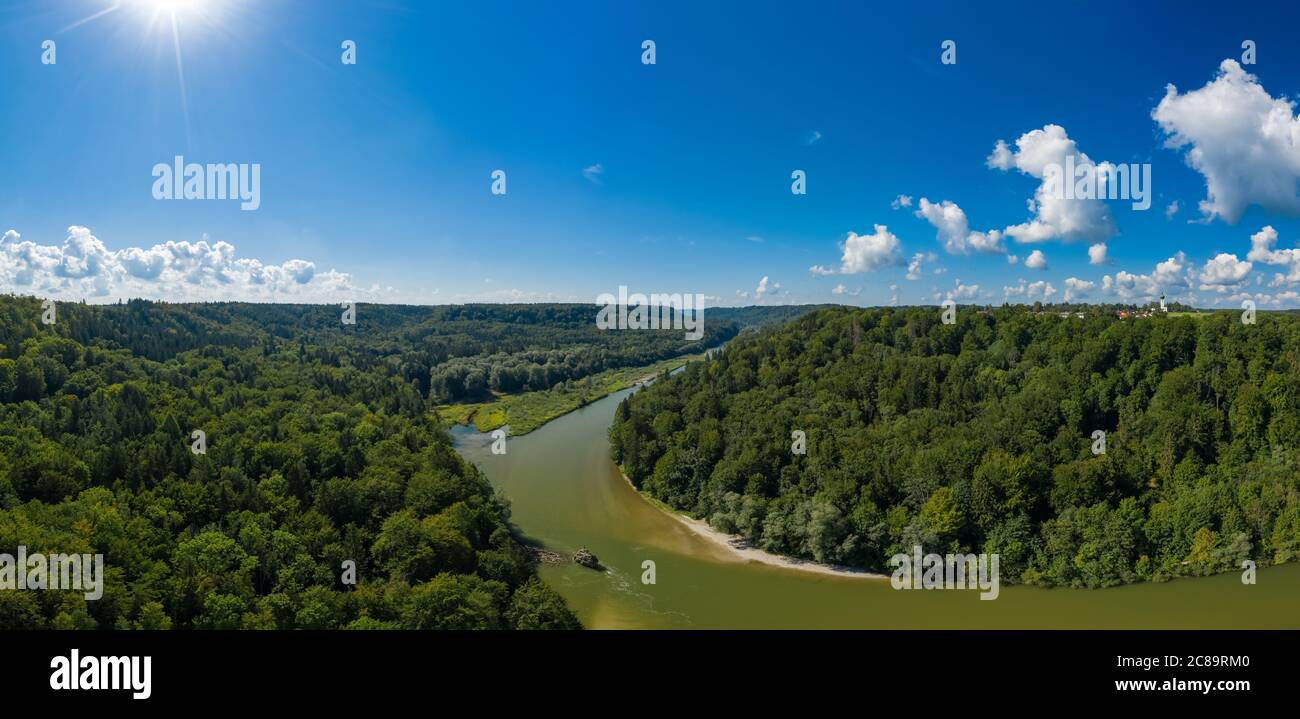 Beautiful day in nature, view at the Isar river in bavaria as a drone shot. Stock Photo