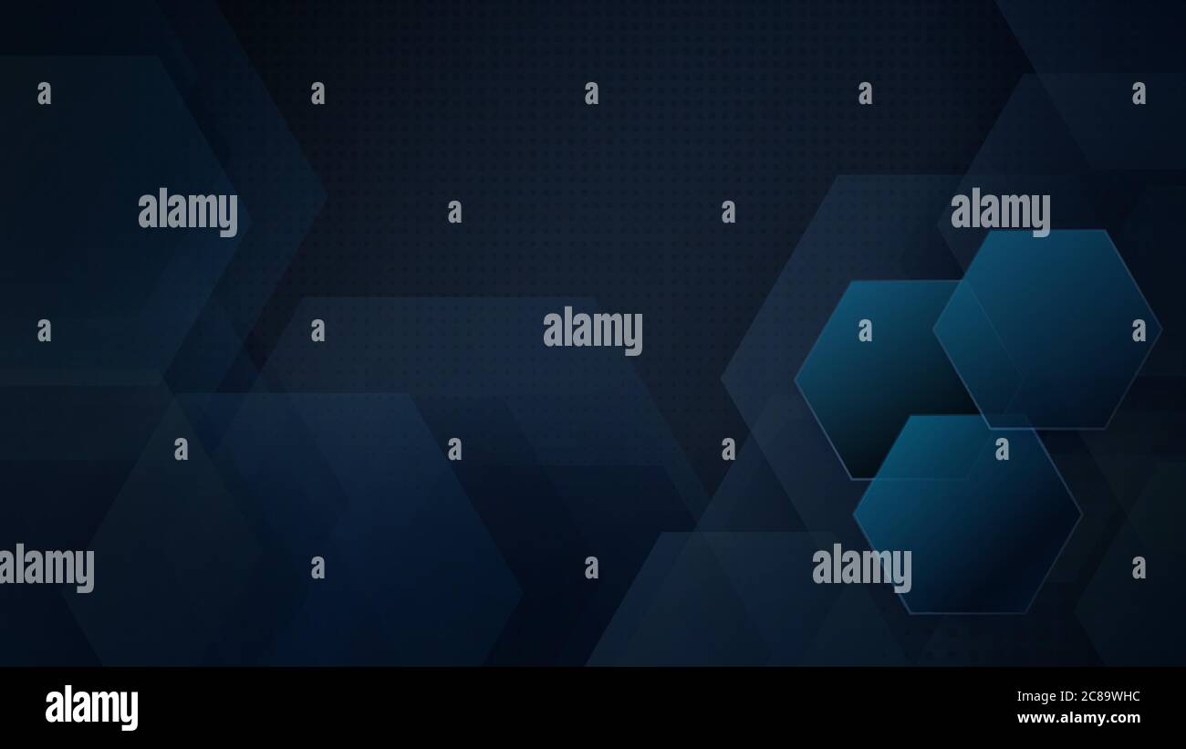 Abstract background of hexagons and halftone dots in dark blue colors ...