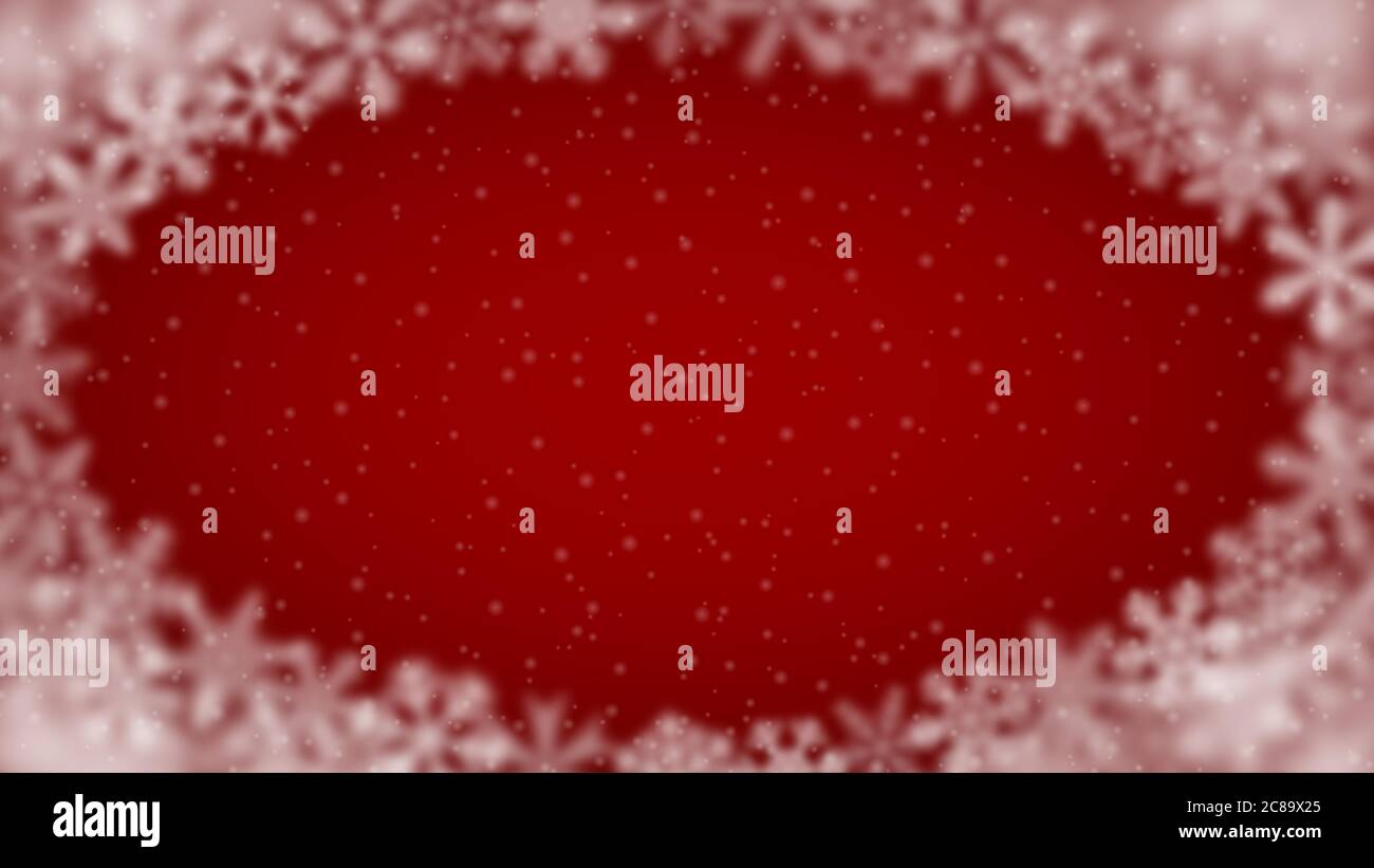 Christmas background of snowflakes of different shape, blur and transparency, arranged in a ellipse, on red background Stock Vector