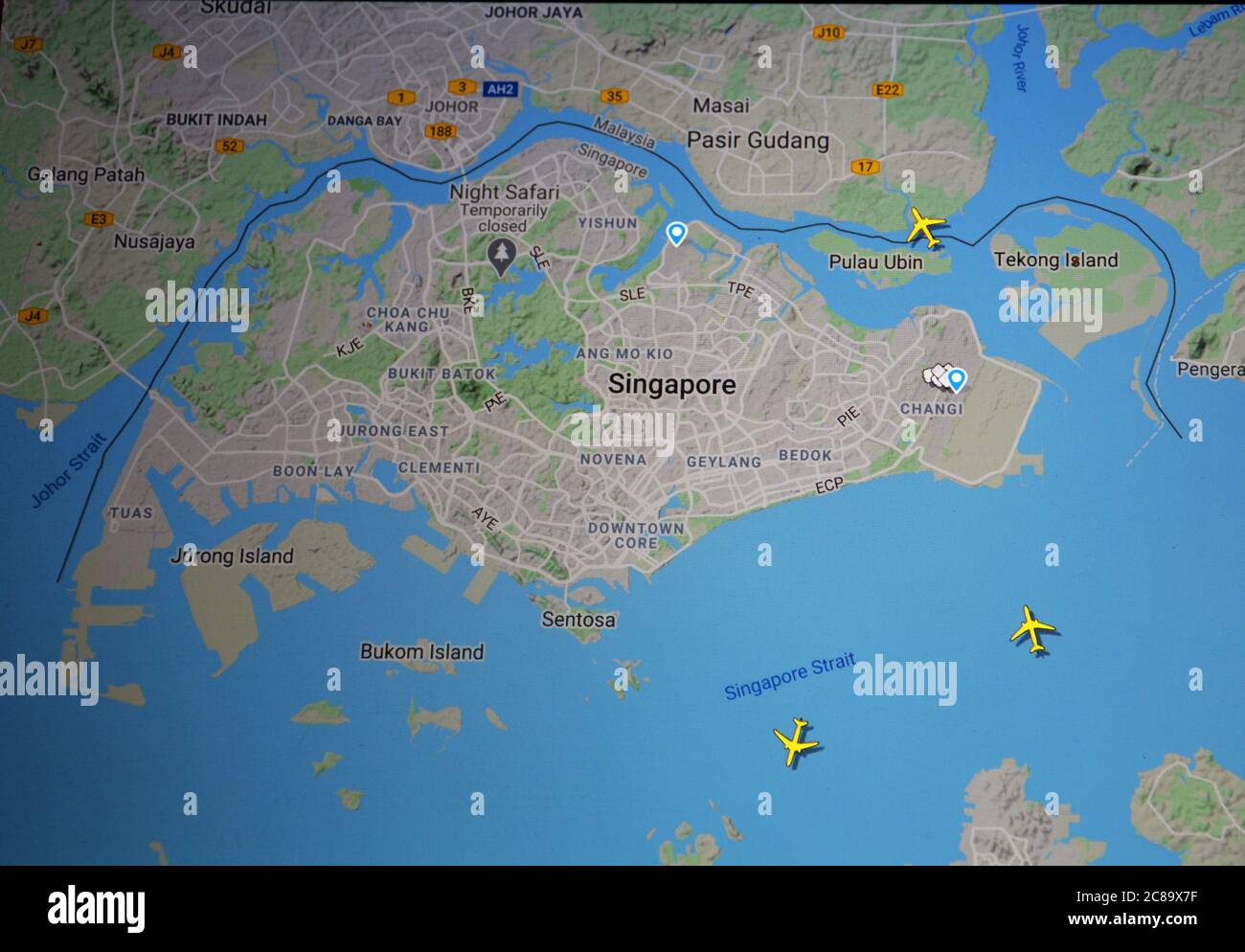 air traffic over Singapore aera (22 july 2020, UTC 08.22)  on Internet with Flightradar 24 site, during the Coronavirus Pandemic Stock Photo