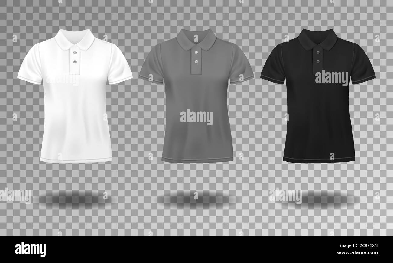 Black, white and gray realistic slim male polo t-shirt design template. Set of short sleeve t-shirts for sport, men classic polo. Vector illustration Stock Vector