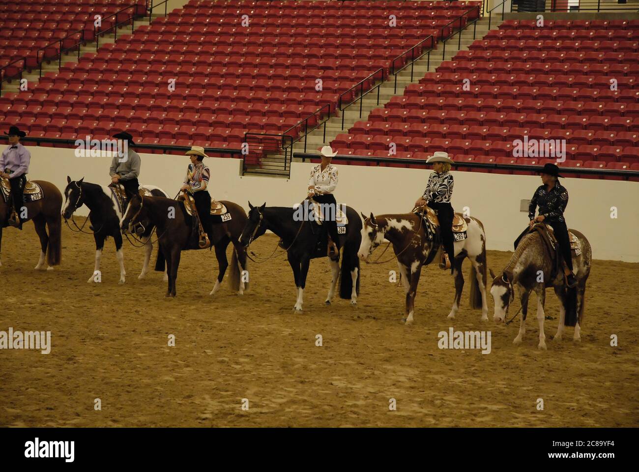 SEDALIA, UNITED STATES - Aug 17, 2017: Participants in a Western Pleasure Quartwerhorse show in Missouri in an indoor arena. Stock Photo