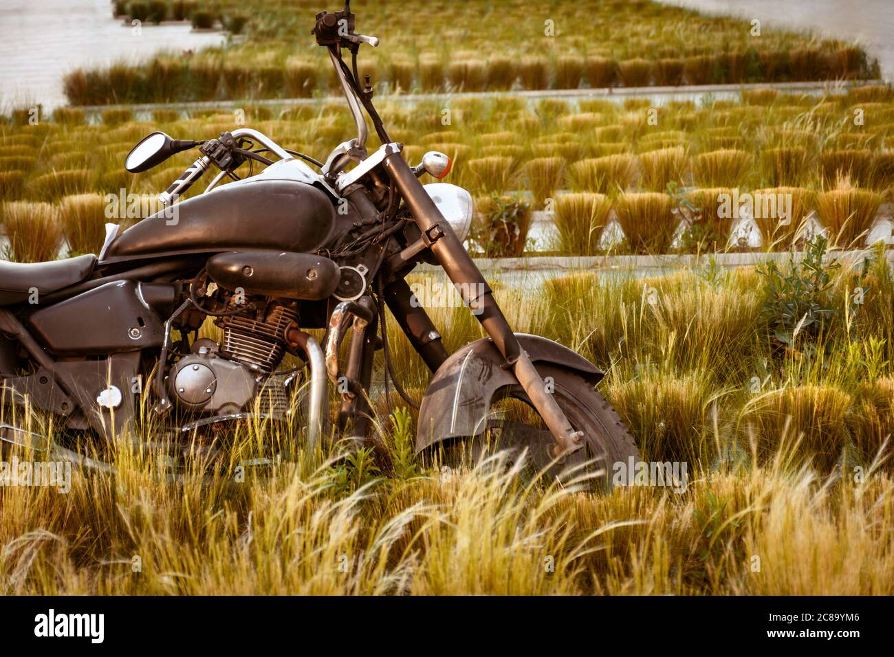 an old black motorcycle parked outside in some green grass Stock Photo ...