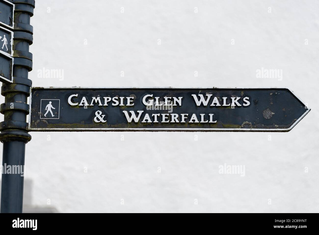 Campsie Glen Walks and waterfall sign, Clachan of Campsie, East Dunbartonshire, Scotland, UK Stock Photo