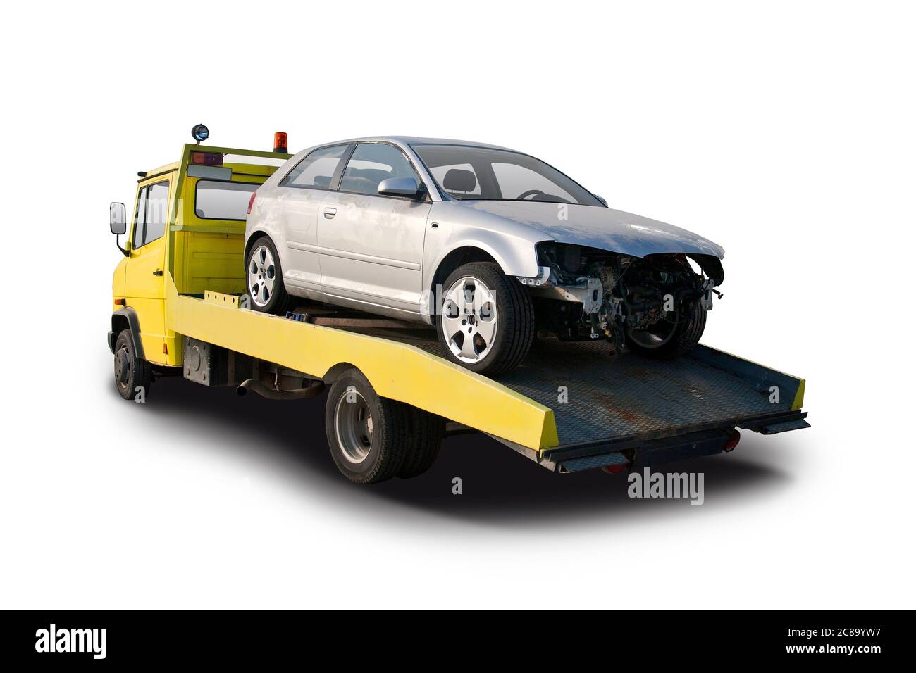 Damaged car after accident on tow truck isolated on white background