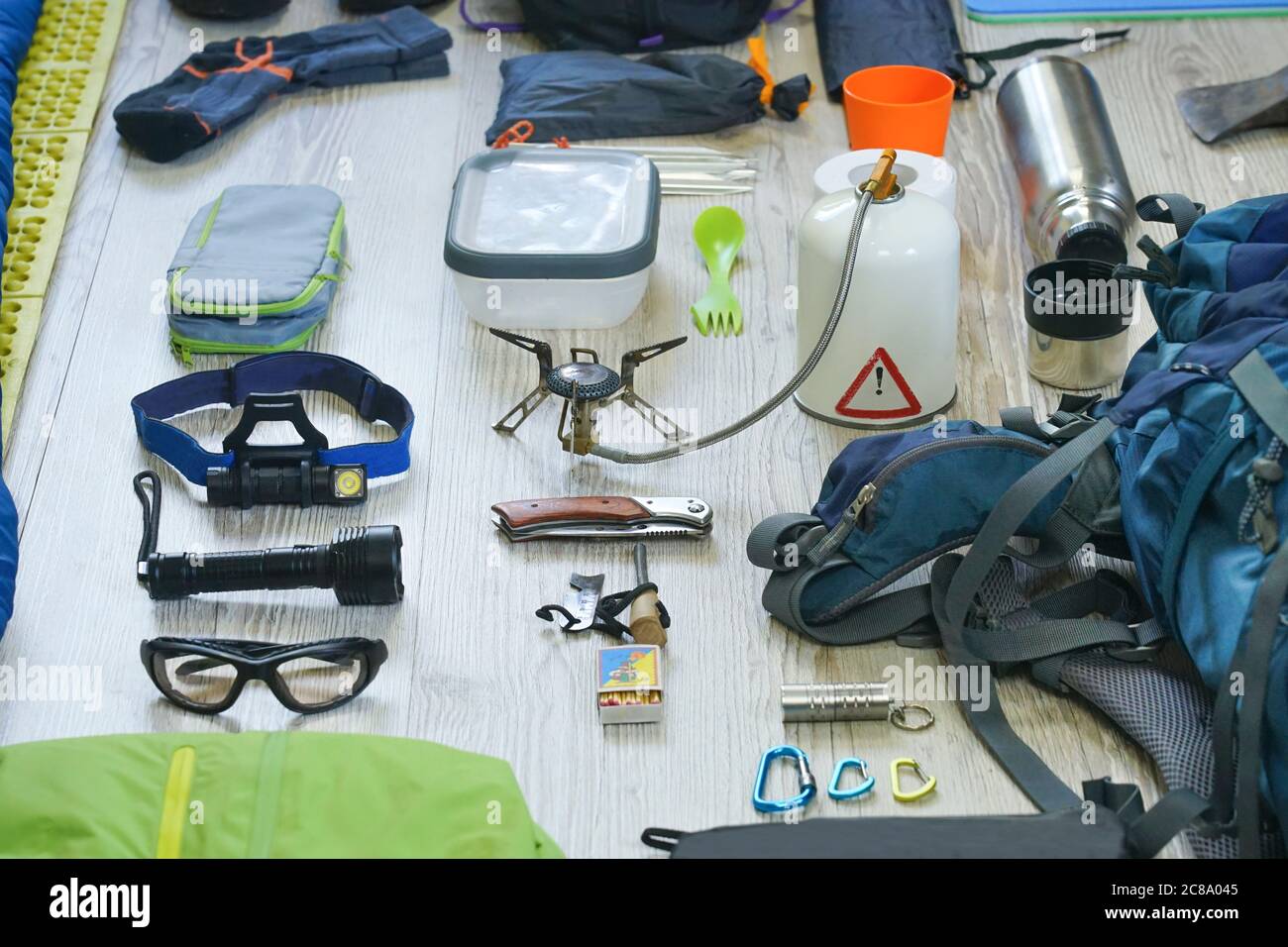 Things and accessories for tourism, travel, trekking and hiking, flat lay  top view Stock Photo - Alamy