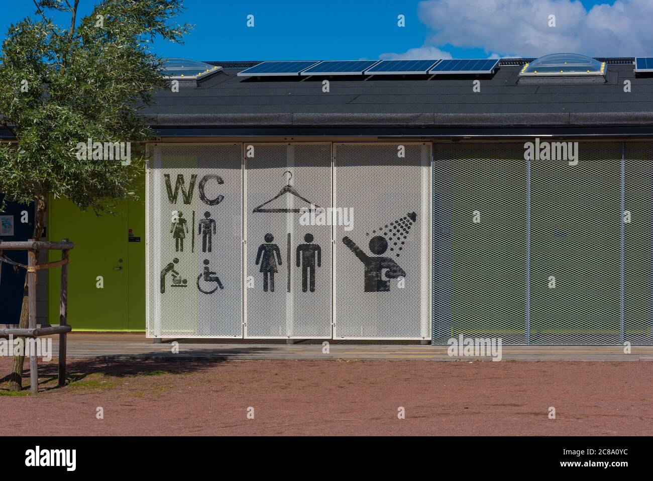 Toilet, wardrobe and shower facility in a building near a beach Stock